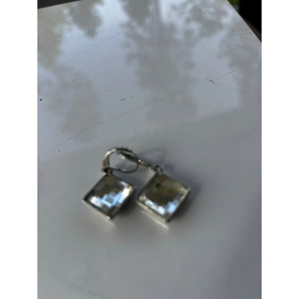 Vintage Crystal Leverback Earrings OS Champagne‎ Silver Square Geometric Retro